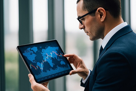 یک بروکر حرفه‌ای با تمرکز بالا در حال تحلیل نمودارهای بازارهای بین‌المللی آکادمی جویا مجیدی