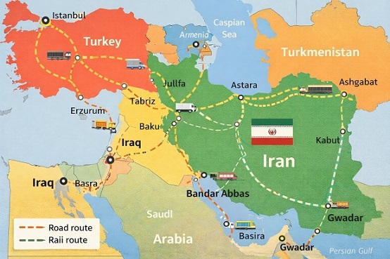 نقشه تجاری ایران و کشورهای همسایه و مسیرهای ترانزیتی